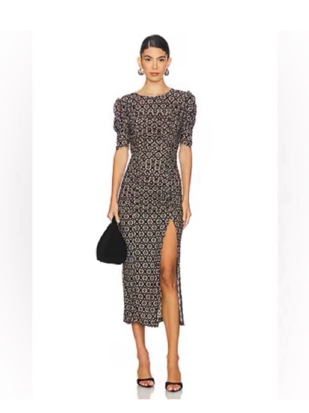 Free People Maxi Dress Briella Floral Mesh Ruched Puff‎ Sleeve Bodycon Boho